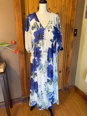 Taylor Blue and White front button Floral V-Neck poly chiffon Midi Dress